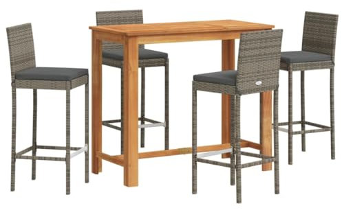 vidaXL Gartenbar Set 5-TLG., Bar Tresen Theke Bartisch Barhocker, Barset Sitzgruppe für Garten Terrasse, Gartentheke Gartenmöbel, Grau Massivholz Akazie Poly Rattan