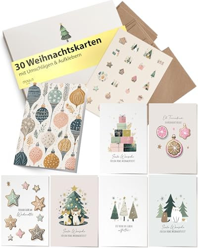 Milula Studios 30 Weihnachtskarten Mit Umschlag - Adventskarten A6 - Karten Weihnachten Set - Christmas Cards - Weihnachtskarte Set Postkarten - Weihnachten Karten Set Für Weihnachten - Set