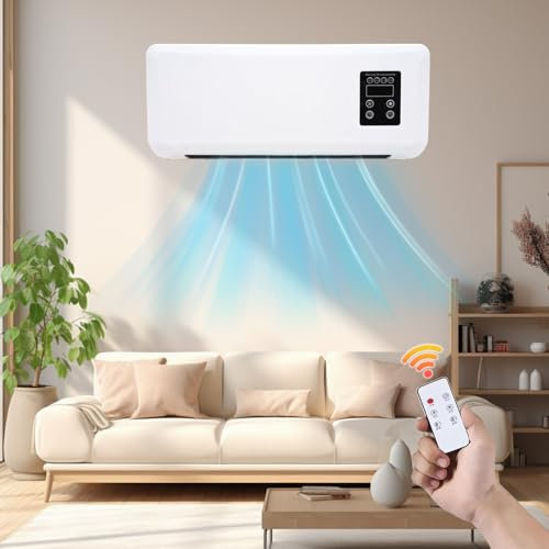 2000W Wall Mounted Air Curtain Fan, Wall Mounted Portable Ductless Air Conditioner Fan, Cooling Heating Air Conditioner with Remote Control, Towel Rack, for Home Office Bedroom Bathroom