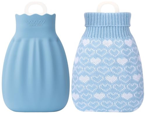 Lvefyti Wärmflasche Kleine,Mini Wärmflasche mit Bezug,550ML Auslaufsichere Wärmeflasche zur Schmerzlinderung,Weiche Flaum Gummi Wärmeflasche Kinder,Handwärmer für Baby Kinder Erwachsene(Rosa)(Blau)