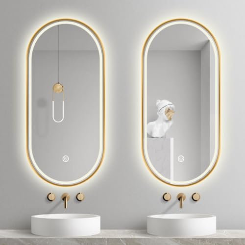oeLucrv Miroir De Salle De Bain LED Ovale，Moderne Miroir Illumination Salle de Bain avec Cadre en Aluminium Doré,Miroir Mural,Désembuage,Dimmable,3 Couleur,Mémoire,IP44 Miroir (Doré, 40 * 60cm)