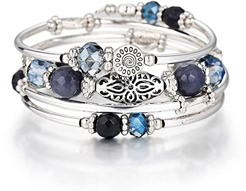 BULINLIN Pulsera Envolvente de Plata para Mujer Pulsera Multicapa de Cuentas de Plata Joyas Bohemio Cumpleaños Regalos para Madres(56-Blue)