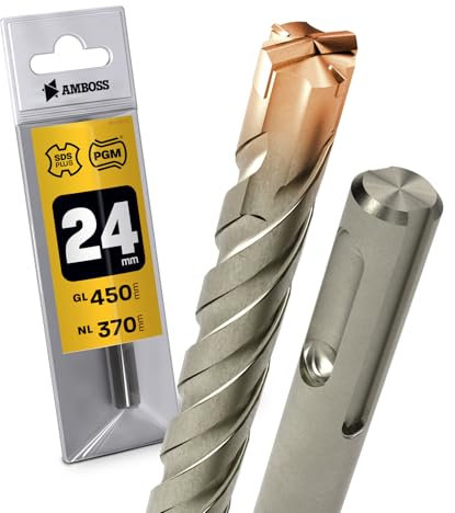 SDS Plus - Broca para martillo perforador, 4 unidades, PGM, diámetro 24,0 mm x 370 mm, herramientas AMBOSS SDS Crusher 4 - Broca HM para hormigón, carburo duro, broca profesional, 24,0 mm x 370 mm,