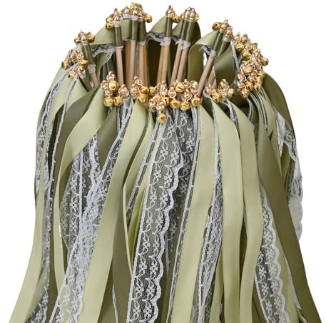 Whemyreat Lot de 50 baguettes murales de mariage vertes avec cloche, baguettes romantiques en dentelle avec rubans de mariage, baguettes magiques serpentins, cadeaux d'invités, baguette de fée en