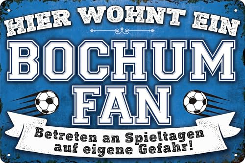 14x20 cm Blechschild für Fußball Fans, hier wohnt ein Bochum Fan – Wandschild, Türschild, Torschild, lustiger Fussball Spruch, Fanartikel