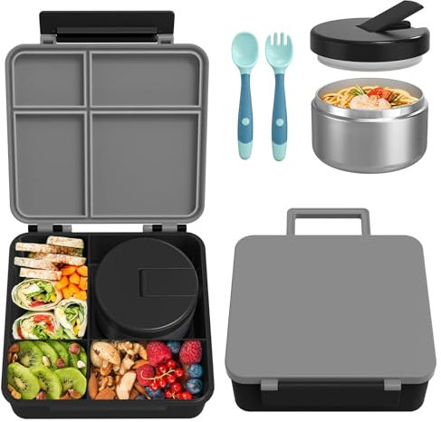 Itslife Lunch Box Kinder Set mit 300ml Thermobehälter für Essen, Auslaufsicher Brotdose Kinder mit 4 Fächern, Isolierte Lunchtasche, BPA-Freie Thermo Lunchbox Kinder, Schule, Ausflüge (Grau)