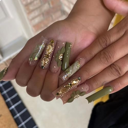 GlamRays Ongles longs à presser - Forme carrée - Vert - Avec strass - Faux ongles en acrylique - Motif fleurs