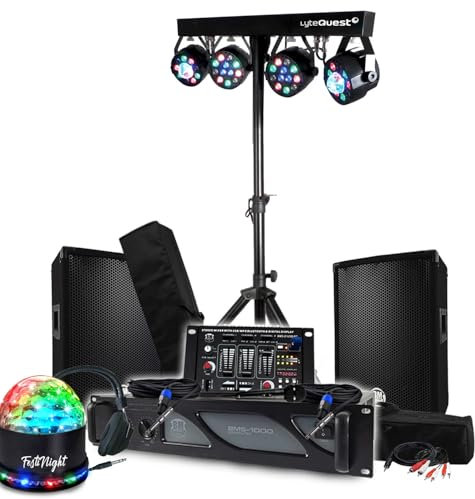 Audio DJ BM Bmsonic Amplificatore 1000W, 2 altoparlanti 600W, mixer, 2 set di luci, illuminazione a LED
