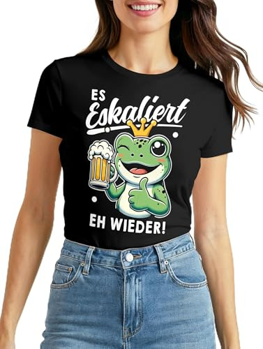 MoonWorks® Damen T-Shirt Spruch Es eskaliert eh Frosch Einhorn Clown Fasching Karneval Frauen Fun-Shirt lustig Slim Fit
