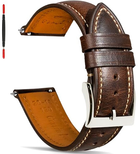 Gomvadr Quick Release Lederarmband, Vintage Öl gegerbt Pull-up Lederband Ersatz Uhrenarmbänder Männer Frauen 16mm 18mm 19mm 20mm 21mm 22mm 24mm (Brown/Silver Buckle, 22mm-XXL)