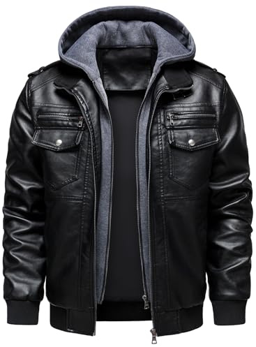 HOOD CREW Men's Faux Leather Hooded Jacket Motorcycle Jackets Water Repellent Windproof PU Moto Vintage Bomber Hoodie Coats Black M