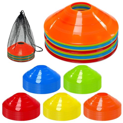 CAIXIANGYU Cônes de marquage pour Football Équipement Essentiel d'entraînement, Plots Sport Multicolores avec Filet de Rangement pour Football, Basketball et agilité