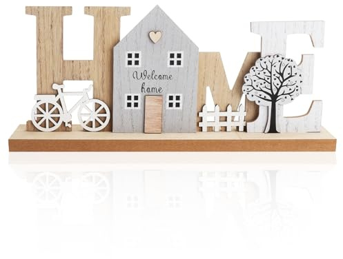 VOSSOT Holz-Aufsteller Dekoartikel mit Haus, Baum & Fahrrad-Motiv, Deko Aufsteller aus Holz, Deko Aufstellerr Schriftzug Home aus Holzs Weihnachten Home Decoration für Wohnzimmer Flur und Schlafzimmer