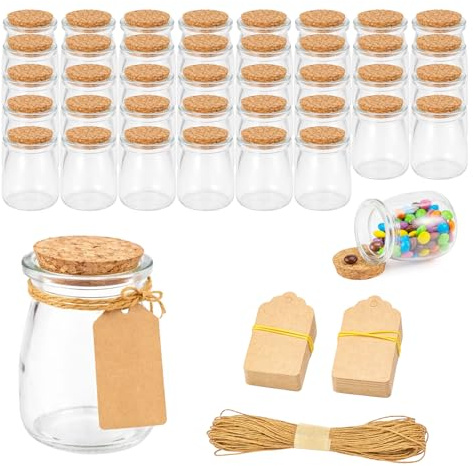EVERGOODS 40 Pack Small Glass Jars 200ml/7 oz Glass Candy Jars with Cork Stoppers with Labels & Strings Clear Apothecary Jars for Wedding, Party Favors, Spice Storage, Bath Salts - Mini Containers for