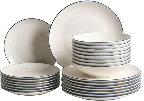 Service de Vaisselle en Porcelaine 24 Pièces avec Bordure Décorative Finition Émail Transparente Blanc Cassé et Bleu Cumin