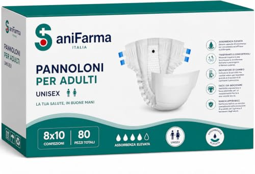SANIFARMA 80 Pannoloni per anziani Taglia L, Super Assorbenti per Notte e Incontinenza adulti, Traspiranti, Ipoallergenici, con Adesivi di Fissaggio e Fasce Elastiche