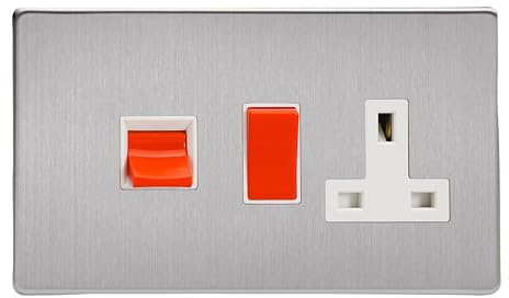 Varilight Cooker Switch With Switched Socket Outlet - Screwless Brushed Steel With White/Red Insert, XDS45PWS