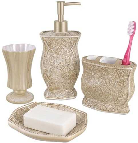 Victoria Bath Ensemble, 4 Piece Bathroom Accessories Set, Victoria Collection Bath Gift Set Features Soap Dispenser, Toothbrush Holder, Tumbler, & Soap Dish by Creative Scents