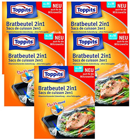 Toppits Luftdicht 2in1 Medium (25 x 38cm), 5er Pack, 8 Beutel, Kunststoff, Reißverschluss, Kopffalt, Wiederverwendbar, Dual-layer