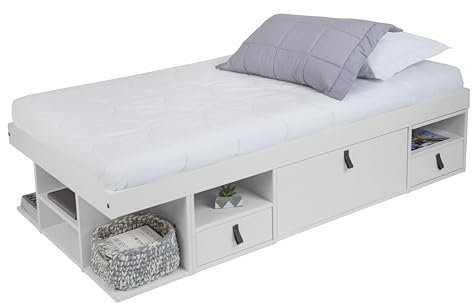 Funktionsbett Bali 90x190 Weiss - Schrankbett mit viel Stauraum u. Schubladen, optimal fÈr kleine Schlafzimmer - Bett mit Aufbewahrung Massivholz Weiss lackiert - Einzelbett inkl. Lattenrost