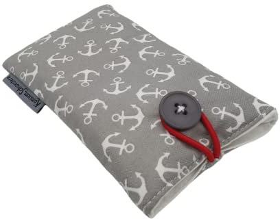 Handytasche Stoff mit Knopf nach Wunschmaß - für alle Handymodelle - ANKER AUF GRAU -