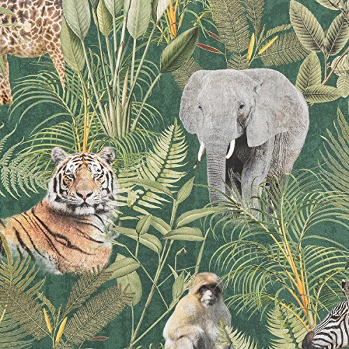 Dekostoff Digitaldruck Afrika Safari Tiere Palmen Blätter grün bunt