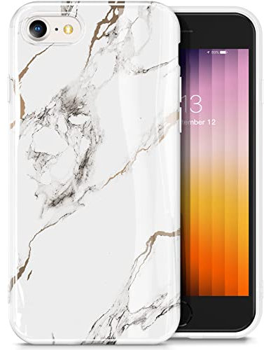 GVIEWIN Compatible iPhone SE 2022/2020/8/7 Case, 4.7 Marble Protective Shockproof Slim Thin Soft TPU Cover, White/Gold