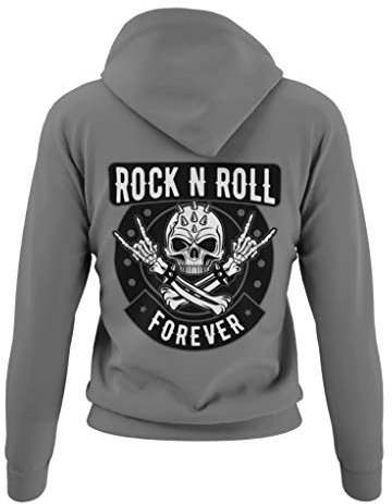 Rocker Damen Pullover mit Kapuze Rock n Roll Forever - Biker Kapuzenpullover Hoodie Frauen Mädchen für Rock Fans Heavy Metal Pommesgabel Regular Fit Baumwolle Schwarz Rose XS-3XL (Heather Grey, M)