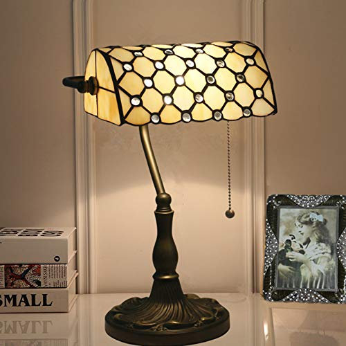 HKLY Retro Tiffany Lampen Schreibtischlampen, Antik Bankerlampe Aus Messing Mit Glasschirm Und Zugschalter, Vintage Nachttischlampe Tischlampe, Bürolampe, Bibliothekslampe E27 Max. 40W,Beige