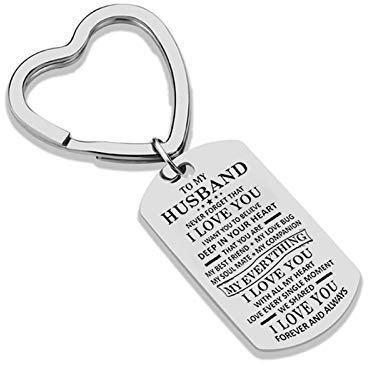 AMDXD Motorcycle Key Ring, Stainless Steel Military Plate Engraved to My Husband...Round/Heart, Silver, 4 x 2.4 cm, Stainless Steel