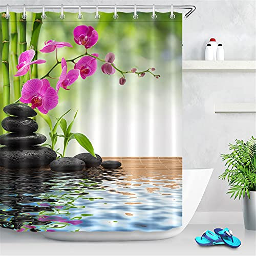 LB Spa Duschvorhang 120x175cm mit Haken, Japanisch Zen Bad Gardinen Bambus Orchidee Schwarzer Stein Badezimmer Vorhang Wasser Beständig Antischimmel Waschbares Polyester Stoff
