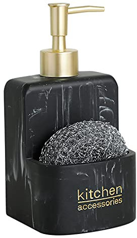 zhanwang Distributeur de savon avec porte-éponge - Motif marbre blanc - Étagère de cuisine - Porte-éponge pour évier - Rangement et rangement - Décoration de cuisine (marbre noir avec mot)