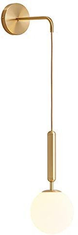 ZTTECH Globo de cristal blanco de 150 mm y metal dorado Apliques de pared Lámpara Lámpara de pared colgante para cabecera (Cristal blanco y metal dorado)