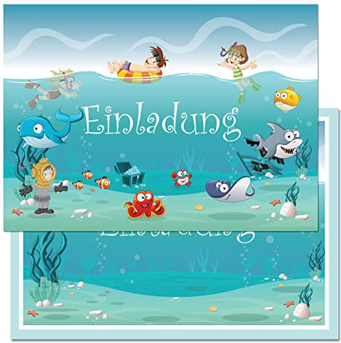 CELEBR8 Einladungen für Jungen und Mädchen im Set zum Geburtstag/Kindergeburtstag mit Motiv Ozean, Unterwasserwelt, Schwimmbad, Freibad, Poolparty (12 Einladungen mit bedruckten Umschlägen)