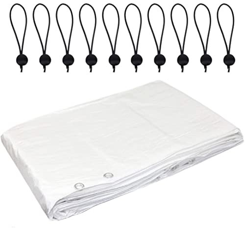 4 x 5 m Tarpaulin Waterproof Heavy Duty Cover Camping Ground Sheet Caravan Furniture Multipurpose + 10 Bungee Balls (White – 90 GSM)