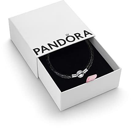 PANDORA Moments Women's Sterling Silver and Leather Black Leather Bracelet for Charms, Size 41, With Gift Box