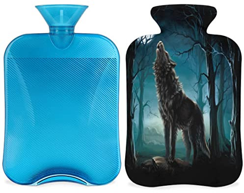 Night Wolf W?rmflasche mit flauschigem Bezug, 2L gro?e Kapazit?t W?rmflaschen f¨¹r Kinder M?nner Frauen, Wolf Moon Warme Wasserflasche f¨¹r gem¨¹tliche N?chte
