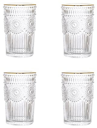 NLDGR Juego de 4 vasos de 350 ml en relieve, juego de 4 vasos de cristal vintage, vasos altos para agua