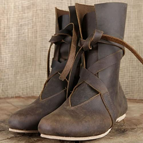 USUWE Medievale Testa Rotonda Retro Flat Bottom Boots Retro Imitazione PU Stivali da Cavaliere in pelle da uomo e donna Stivali in pelle, 34-48(marrone,38)