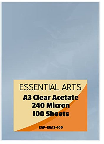 Essential Arts Lot de 240 microns en acétate transparent - Couverture de reliure en PVC extra épaisse - Idéal pour la gravure, l'artisanat, les pochoirs, les cadres photo et les cadeaux - A3, A4 ou A5