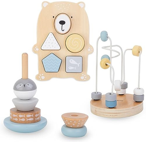 Mamabrum, Ensemble de Jouets en Bois - entrelacs colorés, Pyramide Seevang, Ours trieur, Planche de tri, Boucle de motricité, trieur en Bois Jouets Montessori à partir de 10 Mois