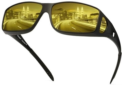 URUMQI Anti Glare Night Driving Glasses Fit Over Glasses for Men Women, Polarised Night Vision Headlight Glasses TAC Yellow Lens