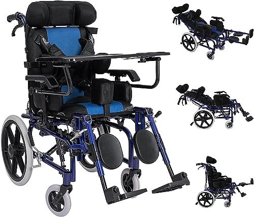 LuusMm Leichter Liege Rollstuhl, Faltbar Verstellbarer Rollstuhl Für Kinder/Erwachsene/Älteste Mit Zerebralparese, Transportrollstuhl, Beinschutz/Bremsen/Sicherheitsgurt,Adults