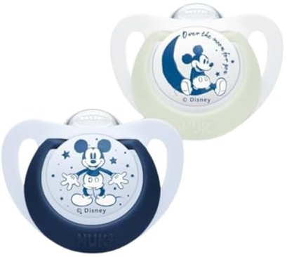 NUK Disney Mickey Mouse Star Day & Night Silikon-Schnuller, kiefergerecht, 6-18 Monate, BPA-frei, 2 Stück, weiß & blau, limitierte Edition