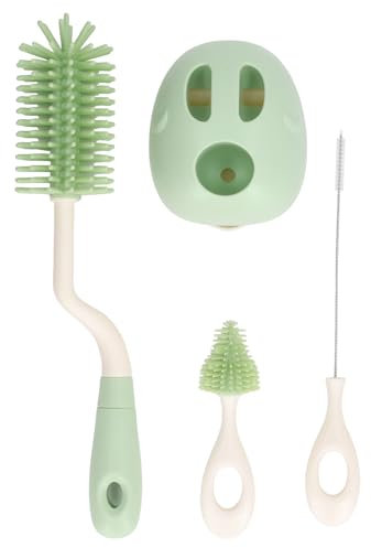 Cepillo para biberones, limpiador de biberones, cepillos de pajilla para pezones, juego de cepillos de limpieza de biberones con limpiador de pezones, esponja de soporte y estropajo (giratorio verde)