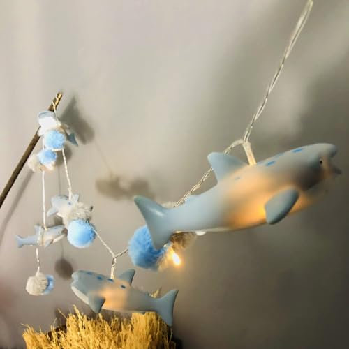 Riaxuebiy 1.65 m 10er LED Hai Pompons Lichterkette Kinderzimmer Batteriebetrieb (Lang Hai+Pompons)