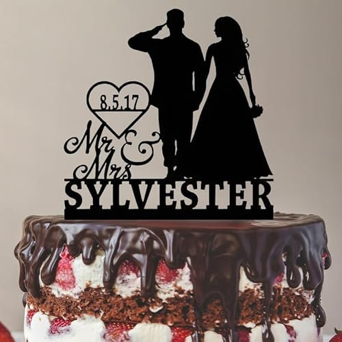 Military Mr Mrs Saluting Soldier With Bride Cake Topper, Name And Date Or Initials Wedding Anniversary, 6-7.8 Inch For Cake, Lover, Celebration