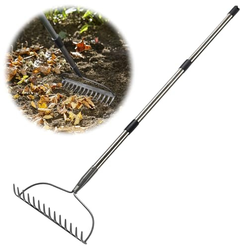 Rechen für Blätter, Gartenbogenrechen strapazierfähig, 121,9 cm Laubbesen für Rasen, Hof-Gartengeräte mit rücksparendem Griff, 14 Metallzinken Kopf zum Lösen von Boden, klarer Kies, Gras, Stein