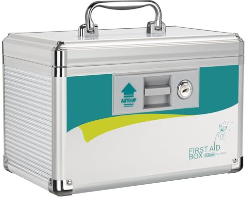 Glosen Medizinbox, Medikamenten Aufbewahrung Verschließbare Box, Hausapotheke, Medikamentenschrank, Medikamentenbox mit Schloss 10 * 6.7 * 6.7 Zoll [Portable] (Schlüsselschloss, Klein)