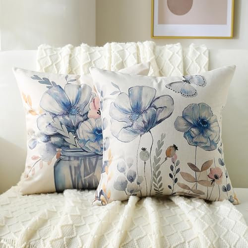 Kissenbezüg Blume Sofakisse Blau Vase Kranz Frühling Kissenbezuge Saisonal Jubiläum Urlaub Zierkissen Couchkissen Kissenbezüge 40X40cm 2er Set Kissenbezug für Sofa Couch Wohnzimmer Schlafzimmer